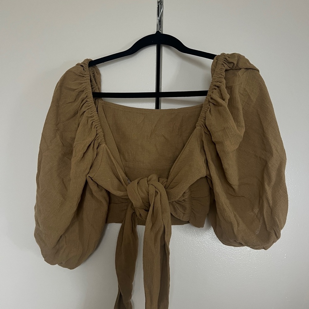 Free People khaki green Puff Sleeve Blouse